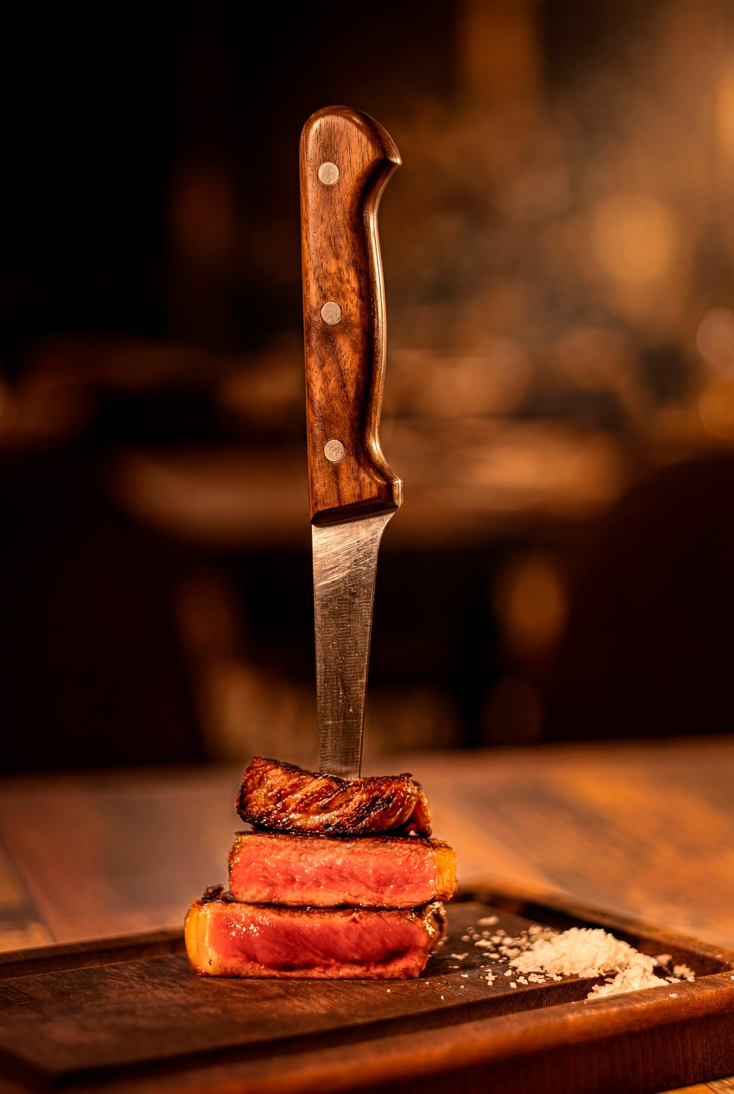 Fatias de bife suculentas sobre t&aacute;bua de madeira com faca espetada